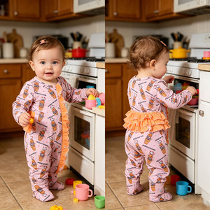 Pijama Enterizo de Algodón/Bambú de 230g para Niñas, con Cierre, Pliegues y Encaje, Pies Plegables, Modelo Fb-3, Personalizado con Impresión - Product Image 6
