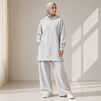 Ensemble 2 pièces modeste pour femmes musulmanes : Tunique longue à capuche et pantalon large – Tenue décontractée islamique couvrante