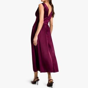 Robe midi en satin bordeaux pour femme, best-seller, col en V profond, sans manches, élégante, pour cocktail, soirée - Product Image 2