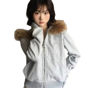 Cappotto grigio maglione in <span class=keywords><strong>pile</strong></span> con cappuccio da <span class=keywords><strong>donna</strong></span> autunno nuovo stile aderente con Logo anteriore all'inizio dell'autunno indossa <span class=keywords><strong>Cardigan</strong></span> americano - Product Image 5