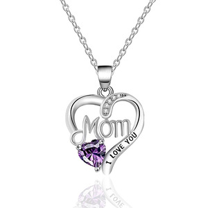 Ciondolo a Cuore 'Mamma Ti Amo' Placcato Argento in Lega di Zinco con Zircone Viola, Gioiello Romantico da Donna - Product Image 1