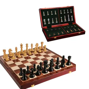 럭셔리 마그네틱 나무 체스 게임 세트 순수 구리 조각 세트 접이식 나무 체스 세트 보드 게임 수제 휴대용