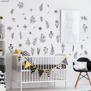Adesivi murali in bianco e nero con line art di piante e fiori, adesivi murali autoadesivi per decorare il soggiorno e la parete di fondo della casa. - Product Image 5