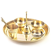 Ensemble de thali de prière traditionnel en laiton léger, éco-responsable et fait main, avec kalash, cloche et diya, pour la cultuelle hindoue de Diwali