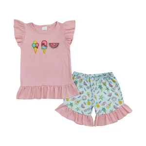 GSSO0509 gelato cocomero ricamato piccola manica volante rosa manica corta spiaggia serie stampato pantaloncini set abbigliamento ragazza