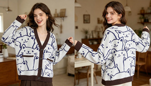 Custom Women <strong>Cat</strong> Print V-neck Nine Quarter Sleeve 100% Cotton Pockets Anti-Pilling Anti-Shrink Anti-Wrinkle Casual Knit <strong>Cardigan</strong> - Product Image 2
