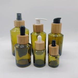 Série d'emballage cosmétique bouteille en verre vert <span class=keywords><strong>olive</strong></span> et pot en verre avec pompe/couvercle/compte-gouttes/bouteilles de pompe de pulvérisation en bambou - Product Image 6