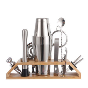 Kit de barman 13 pièces avec barre inférieure ensemble avec support en bois <span class=keywords><strong>Boston</strong></span> Jigger Cocktail Shaker outils de bar en acier inoxydable ensemble de barman - Product Image 1