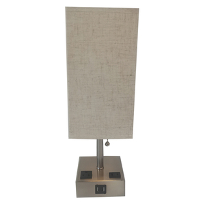 Lampe de table d'<span class=keywords><strong>hôtel</strong></span> personnalisable avec USB/prises et cordon de tirage, base en métal et abat-jour aspect lin dans vos couleurs - Product Image 1