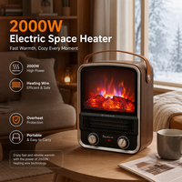 Cheminée électrique rétro 2000W style vintage avec affichage de la flamme des bûches et finition marron