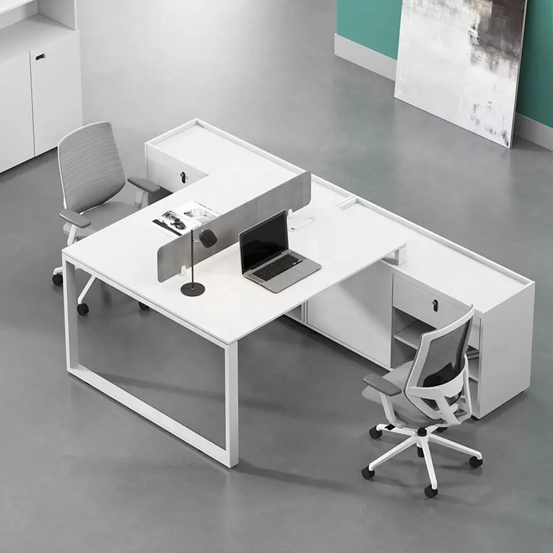 Bureau moderne blanc en forme de L superviseur secrétaire 2 personnes bureau Table de travail avec armoire de rangement