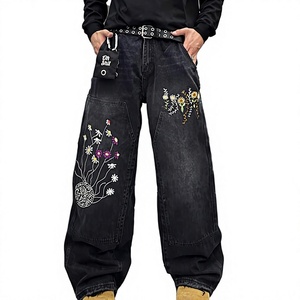 Jean baggy personnalisé pour homme, broderie florale, denim noir délavé, pantalon streetwear hip-hop, coupe large - Product Image 1