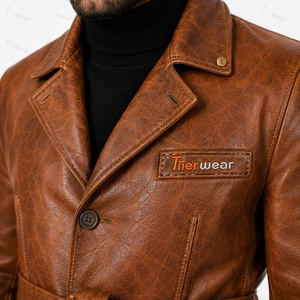 <b>Men's</b> Brown Leather Breathable X-Long Trench Coat Belt Turn-down Collar Double Breasted Design Puff Printing Fashion Streetwear - Product Image 6