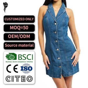 เดรสยีนส์คอ halter ติดกระดุมหน้าทรงมินิเข้ารูปสไตล์วินเทจลำลองสำหรับผู้หญิงมาใหม่สำหรับฤดูร้อน - Product Image 1