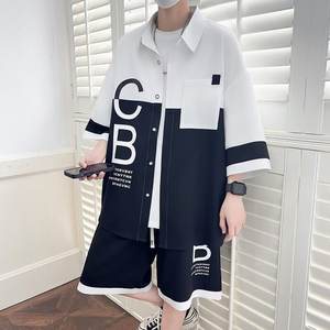 Casual Summer <b>Men's</b> Long Sleeve Patchwork Print Two-Piece Set with Shorts and <b>Shirt</b> Spandex/Cotton Fabric - Product Image 1