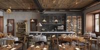 Plan de design d'intérieur pour lounge industriel style Speakeasy, comptoir de bar rustique pour pub et restaurant, ensemble table et chaises de bar confortables et comptoir de bar