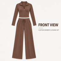 Ensemble Lounge 2 Pièces Femme Personnalisé en Maille Côtelée – Haut Court Zippé à Col Montant et Pantalon Large – Tenue Douce pour le Quotidien, Décontractée et Confortable à la Maison