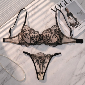 Wholesale Women's Floral Embroidery Sheer Mesh Bra and Thong <b>Set</b> Underwire Lace Lingerie <b>Set</b> Comfortable Black <b>Sexy</b> Bra <b>Set</b> - Product Image 1