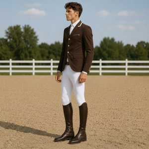 Men's Brown Equestrian Riding <b>Jacket</b> With White Breeches And Boots Full Length Solid Woven Performance Horse Riding Wear - Product Image 1