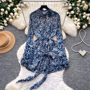 Elegante <span class=keywords><strong>Abito</strong></span> Camicia <span class=keywords><strong>Viola</strong></span> con Stampa Animalier da Donna, in Chiffon Fluido a Maniche Lunghe, con Cintura in Vita, <span class=keywords><strong>Mini</strong></span> <span class=keywords><strong>Abito</strong></span> Casual - Product Image 3