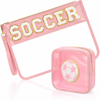 Ensemble de sacs transparents rose pour le football avec patch en chenille, sac bandoulière transparent, pochette de poignet, sac de voyage transparent approuvé pour les stades et les jours de match