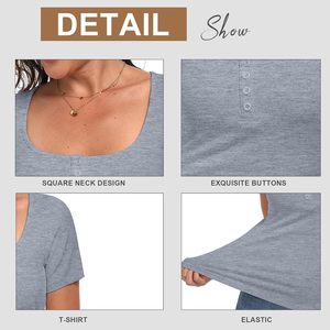 Haut Henley côtelé à manches courtes pour femme, coupe ajustée, boutonné devant, décontracté, basique, respirant, mélange coton élasthanne - Product Image 4