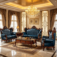 Ensemble de canapés en cuir véritable bleu marine en bois massif sculpté à la main de style européen de luxe, meubles classiques pour salon, 1, 2 et 3 places