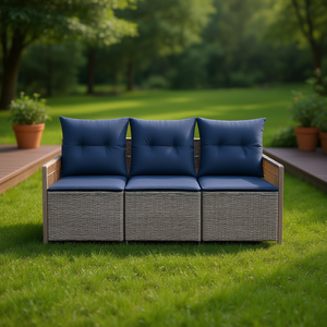 Ensemble de canapé de jardin en polyrotin gris 3 pièces avec coussins, structure en bois de teck, mobilier d'extérieur au design contemporain - Product Image 2