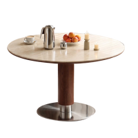 Table Ronde de Luxe Rétro avec Pieds en Bois, Plateau en Marbre Noir, 4 à 6 Places, Idéale pour Petit Bistro ou Restaurant