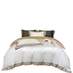 New simple white color high quality sateen 100% cotton embroidery bedding set