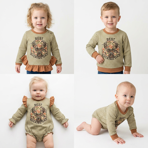 Haut à manches longues à carreaux et volants pour petites filles, style frères et sœurs, et body bébé à imprimé cerf, avec motif 'Meilleur Papa' et chemise décontractée - Product Image 1