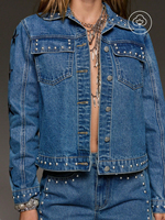 Veste en jean Y2K pour femme, style vintage délavé, broderie étoile cloutée, veste trucker bleu moyen, streetwear, boutonnée sur le devant