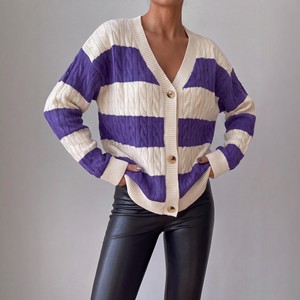 Cardigan en tricot rayé violet, col en V ample, manteau pull pour femme, automne hiver, style élégant pour le quotidien, taille européenne et américaine S M L XL - Product Image 2