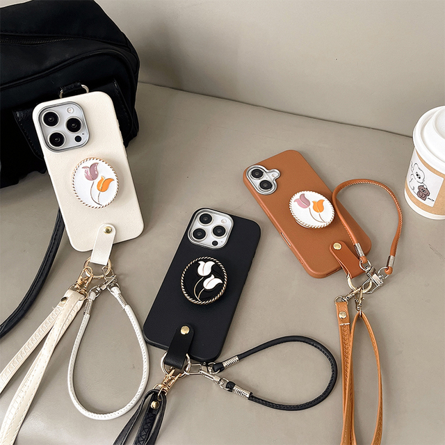 Metal Tulip Flower Phone Holder with Crossbody String Bracelet Silicone TPU Women's Fashion Phone Case for iphone 17 16 15 14 13
