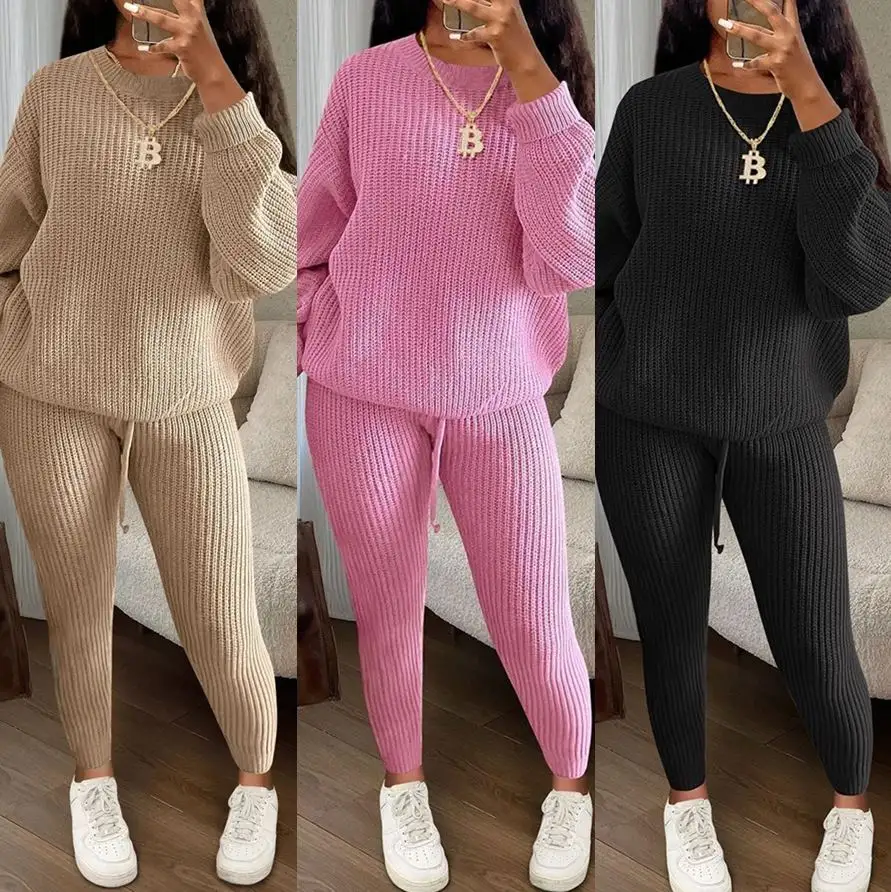Wholesale Casual Women Ribbed 2 Piece Knit Set Women Clothes Work Out Custom Two Piece Fitness Knit Skims Lounge Wear