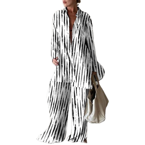Conjunto de 2 piezas a rayas para mujer, camisa de manga larga y pantalones anchos, conjunto informal holgado de algodón estampado para primavera y verano - Product Image 1