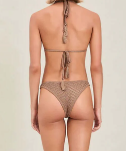 Maillot <span class=keywords><strong>de</strong></span> <span class=keywords><strong>bain</strong></span> deux pièces personnalisé taupe à rayures géométriques, tricoté ajouré, dos nu, triangle, avec franges et liens latéraux, <span class=keywords><strong>en</strong></span> tissu écologique brillant - Product Image 4