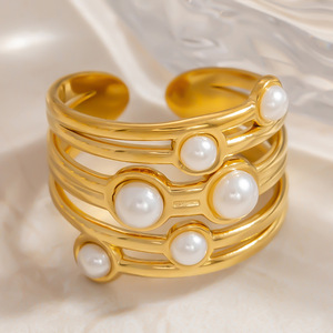 Anillo de acero inoxidable estilo europeo americano con estrella de mar y perla, temática oceánica, chapado en oro de 18k, abierto, para mujer, regalo de joyería. - Product Image 2
