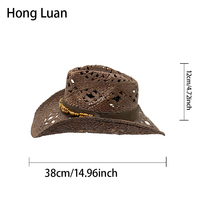 Chapeau de cowboy en paille marron foncé ajouré en gros |   Chapeaux de plage d'été personnalisés en bois et cuir pour femmes et hommes, parfaits pour les festivals et les fêtes
