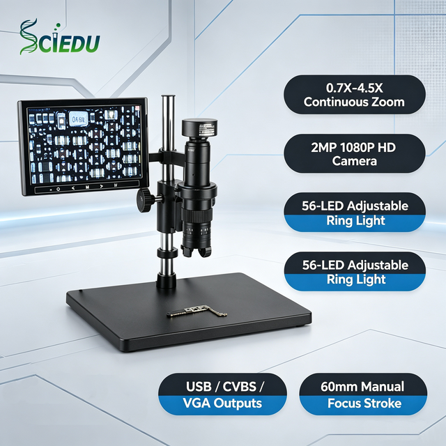 SCIEDU HD Digital Industrial Microscope 2MP 1080P Digital Industrial Video Microscope 0.7-4.5X Continuous Zoom for PCB Repair