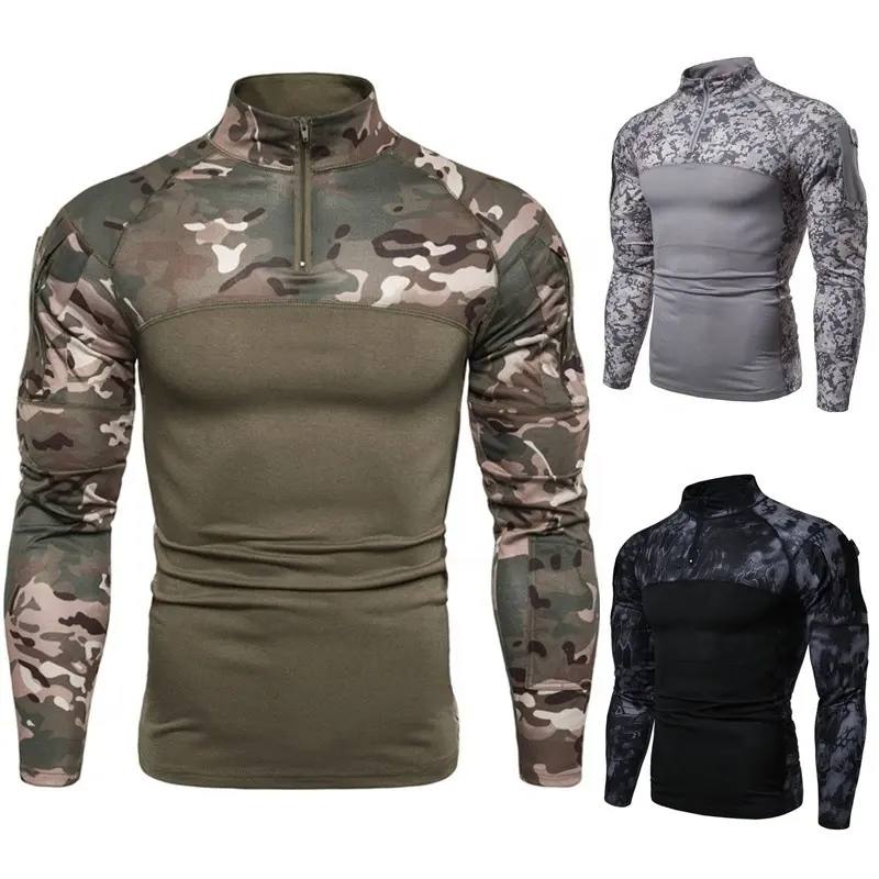 Wholesale Men Outdoor 1/4 zip Full Long Sleeve Sports Hiking Camo Tee Tactical Assault Combat Shirts