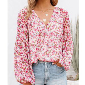 Blus Wanita Motif Bunga, Kerah V, Lengan Lonceng Panjang, Model Longgar, Atasan Wanita - Product Image 1