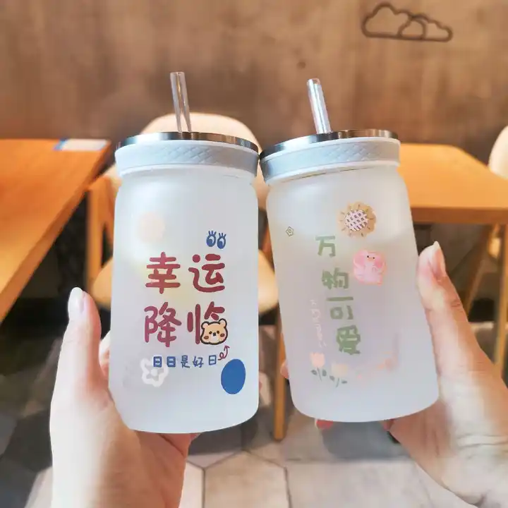 Hot Sale Ins Trendy cute Glass Water Bottles for Girl Travel Cup Drink Glass  Tumbler with Straw and lid