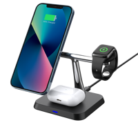 Chargeur sans fil léger 3 en 1 15W avec port Type-C, support magnétique en forme de T pour téléphone, montre et écouteurs, bureau à domicile