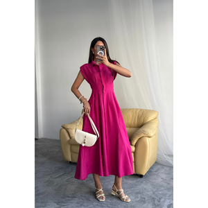 ชุดเดรสผ้าลินินลายแจ็คการ์ดสีชมพูฟูเชียสำหรับใส่ทำงาน มีรอยผ่าด้านหน้าและกระเป๋า - Product Image 6