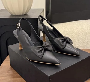 New summer French pointed-toe bow-back sandals. Wood-grain thin heel front <b>strap</b> elegant high-heeled shoes with a feminine style - Product Image 5