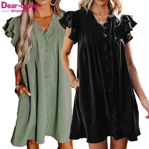 Dear-Lover OEM ODM Wholesale Fast Shipping Fashion Cute Solid Blank Ruffle Sleeve V Neck Mini Short Casual Summer Dresses Women