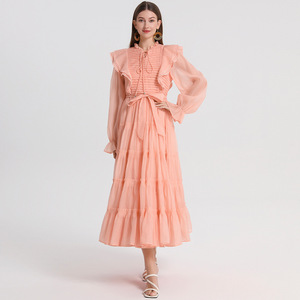 Vestido informal de talla grande personalizado francés plisado <span class=keywords><strong>hongo</strong></span> borde cintura ceñido vestido Retro artístico pétalo manga vestido para <span class=keywords><strong>mujer</strong></span> - Product Image 6