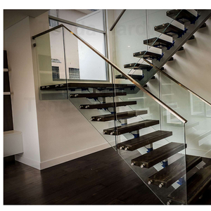 U Forma Aço Escadas Com Madeira Passos e Mono Stringer e Vidro Trilho - Product Image 6