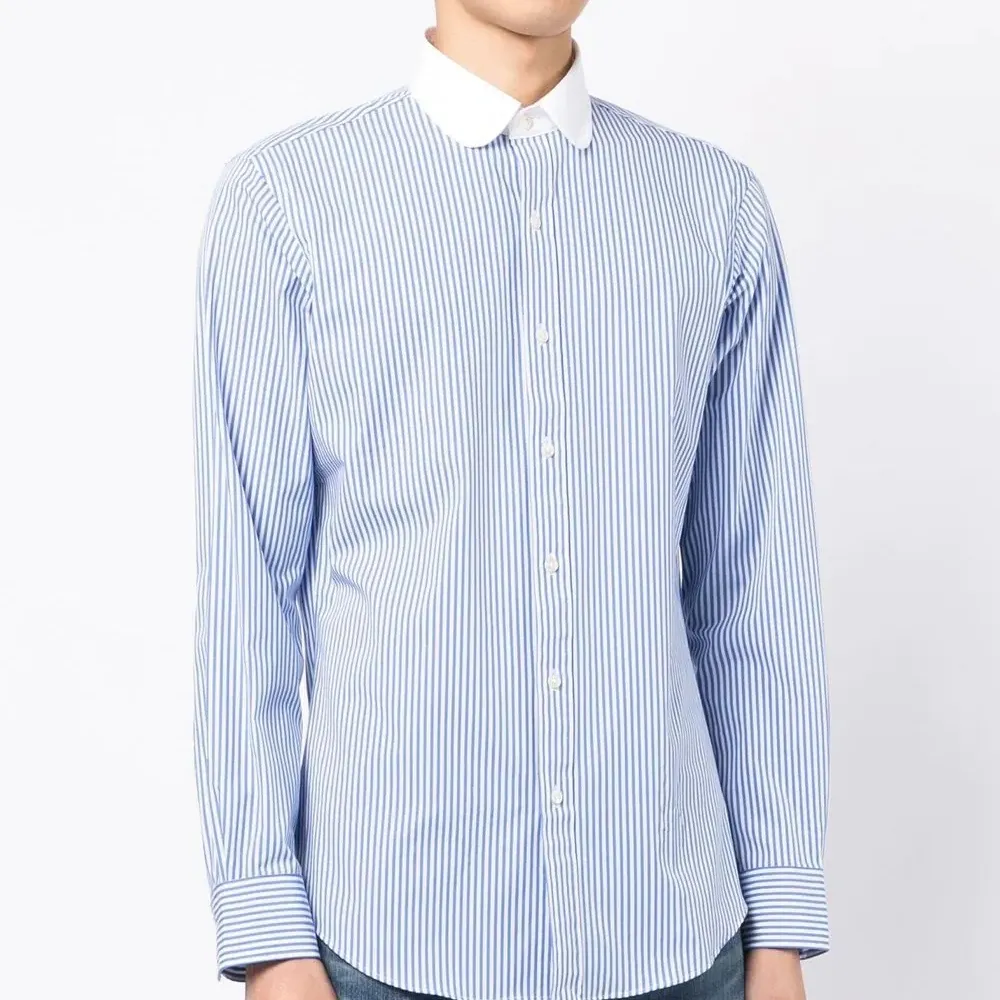 Factory Hot Sale Round Collar Men's Dress Shirt Contrast Collar And Cuffs Yarn Dyed Light Blue Stripes Shirt